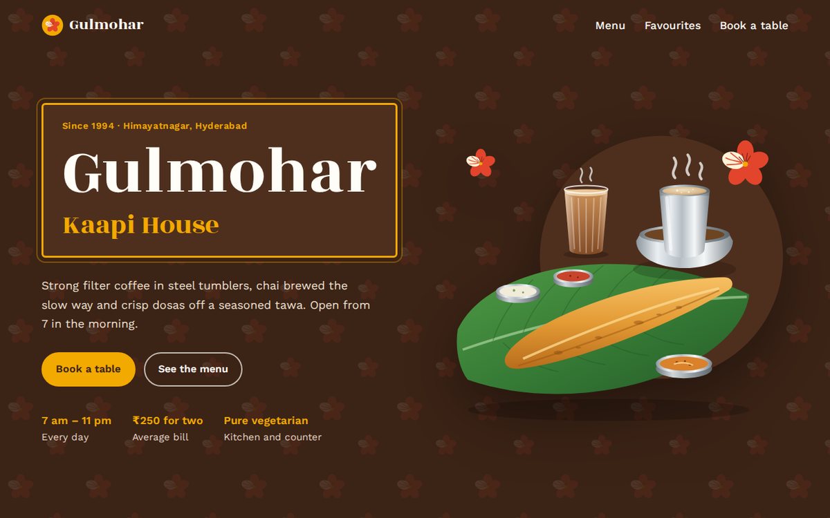 Sample café website with a menu, table booking button and WhatsApp ordering