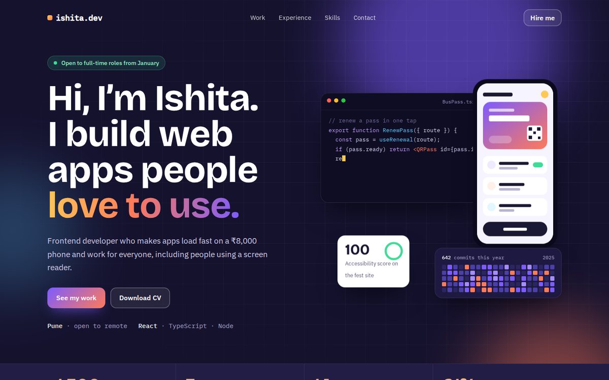 Sample developer portfolio website with a bold headline and project preview