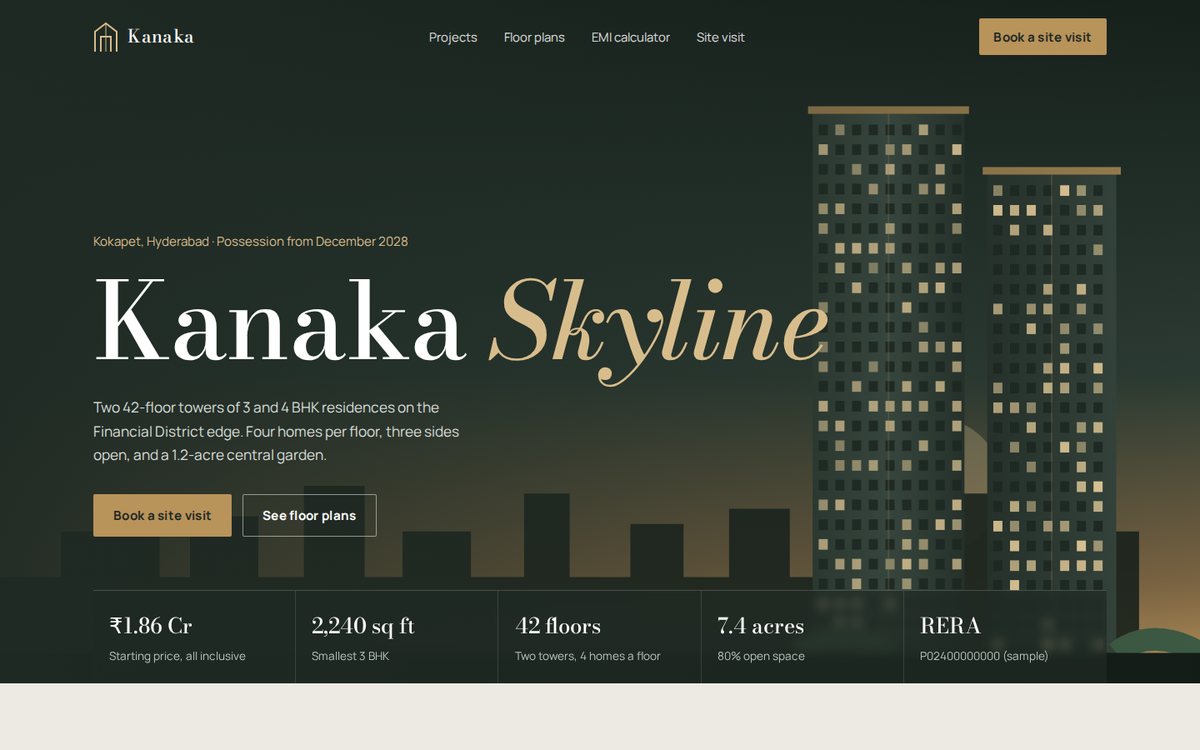 Sample real estate project website with a tower illustration and booking button